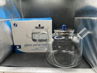 Modern 60oz Glass Water Kettle With Stainless Steel Lid And Cobalt Blue Accent
