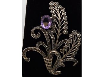 Sliver Brooch Pin With Marcasite & Amethyst