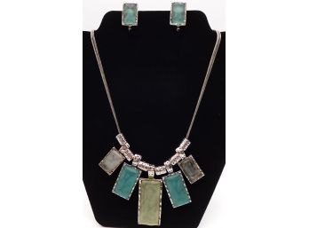 Double Chain Sea Glass Pendant Necklace And Clip On Earrings