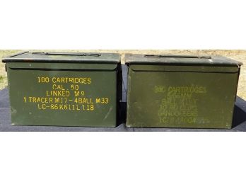 Two Vintage Military Green Ammo Box -100 Cartridges Cal. 50 Linked M9