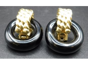 Kenneth John Lane Gold Tone Braided Hoop With Attached Black Plastic Hoop Earrings