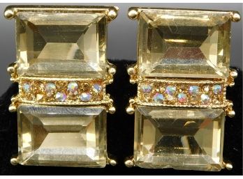 Faux Rhinestone Gold Tone Clip On Earrings