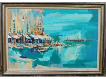 1970's Beautiful Signed Port Scene Seascape Italy Framed Art