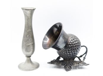 Antique 19thc James Dixon Silver Plated Thistle Chamberstick EPBM 5770 & Leonard Genuine Pewter Vase