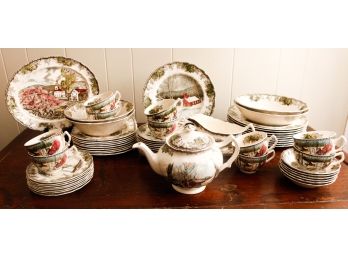 Johnson Bros - Genuine Hand Engraving - 'the Friendly Village' China Set Serving Of 8 W/ Teapot, Gravy Bowl