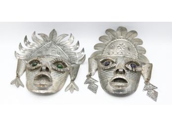 Lot Of 2 Vintage Mexican Folk Art - Hand Made - Tin Mask