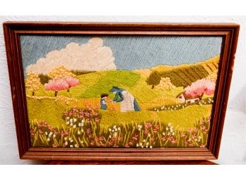 Vintage Framed Needlepoint Art House Landscape - Fall Scene