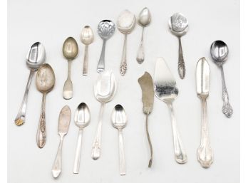 Lot Of Assorted Vintage Silverware -12 Spoons - 2 Cheese Spreaders - 1 Cake Server