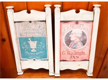 Pair Of Vintage Wooden Signs - 'The Apothecary' Pro Bono Publico - 1769 & G. Washington Inn  L8.5' X H16'