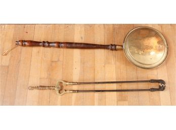 Vintage Brass Bed Warmer 1950's W/ Vintage Fire Tongs