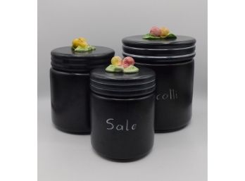 Black With Painted Fruit Kitchen Storage Canisters - Set Of 3