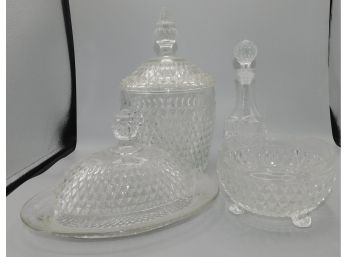 Assorted Cut Glass, Ice Bucket, Butter Dish, Vinegar Bottle, & Decanter