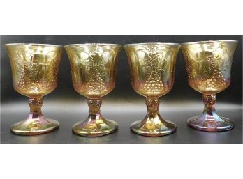 Indiana Iridescent Amber Harvest Grape Carnival Glass Set Of 4 Stemmed Goblets