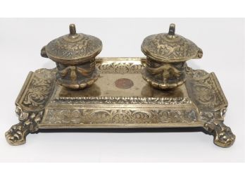 Antique Brass Ink Well Desk Caddy