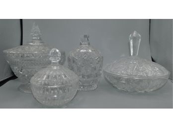 Assorted Cut Glass Candy Dishes With Lids, Lot Of 4