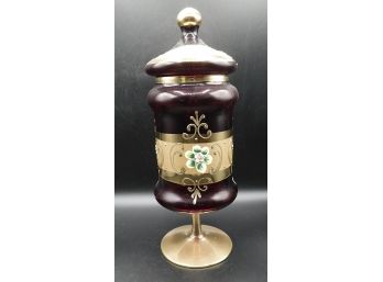 Bohemian Cranberry Glass Ginger Jar Hand Painted 11'H