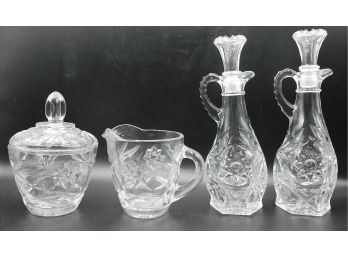 Cut Glass Oil & Vinegar Set & Cut Glass Sugar Bowl And Creamer