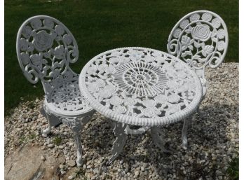 Wrought Iron White Bistro Set, Table And Two Chairs