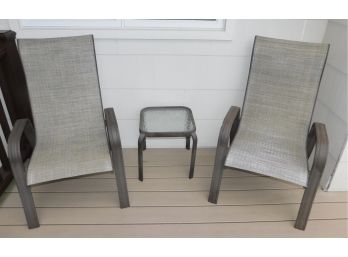 Pair Of Aluminum Chairs With Glass Top Side Table
