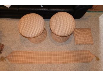 Lovely Pair Of Custom Upholstered Stools With Table Runners And Throw Pillow