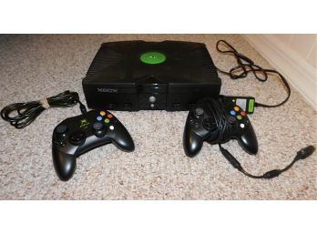Microsoft X Box Video Game Console With Two Controllers And Power Cord