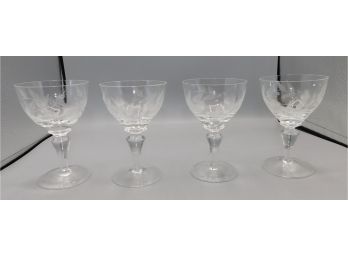 Set Of 7 Etched Glass Stem Glasses
