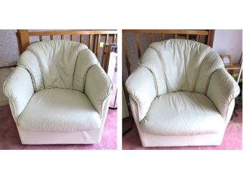Ivory Leather Swivel Arm Chairs - Set Of 2