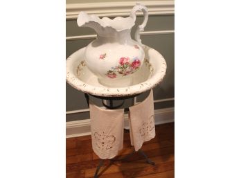 Adorable Homer Laughlin Wash Basin With Stand And Vintage Hand Towels(100)