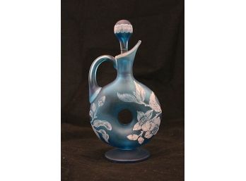 Beautiful Blue Frosted Hand Painted Glass Decanter (193)