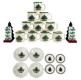 Spode Christmas Tree Mugs, Nikko Happy Holidays Saucers, Napkin Rings & Coasters - #S3-4