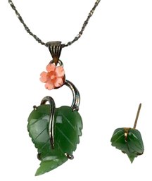 Coral & Jade Flower Pendant On Italian Sterling Silver Chain - #JC-R