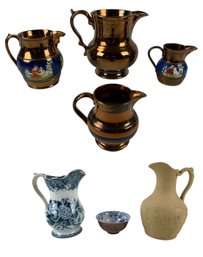 Allertons Longton England Copper Luster & Flo Blue Pitchers, Occupied Japan Dish - #S12-6