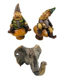 Gnome Lamp Finials & Brass Elephant Coat Hook - #FS-4