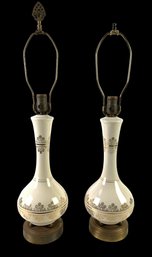 Vintage Hollywood Regency Style White & Gold Ceramic Table Lamps, Set Of 2 (WORKS) - #S1-5