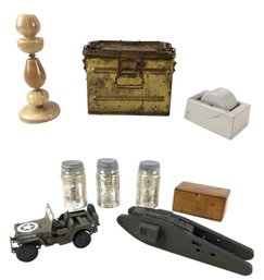 Collection Of Silver Mason Jars, Alabaster Table Lamp Base, Toy Jeep/Tank & More - #S3-4