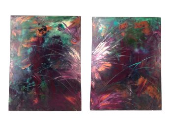 Signed Abstract Diptych Oil On Canvas Paintings, 'Aqua Bloom' - #BR-7