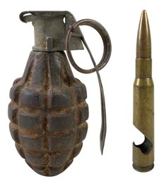 WWII Deactivated Pineapple Grenade & Bullet Cartridge Bottle Opener - #FS-3