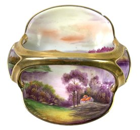 Noritake Hand Painted Porcelain Candy Basket With Lakeside Sailboat Scene (Made In Japan) - #FS-4