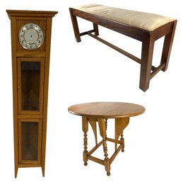 Drop Leaf Side Table, Upholstered Wooden Bench & Oak Display Cabinet / Clock - #BR