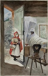 1907 Little Red Riding Hood Watercolor Illustration, Signed - #S11-5L