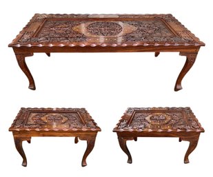 Middle Eastern Carved Rosewood 3-Piece Living Room Table Set - #FF