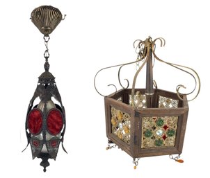 Vintage Red Gothic Revival & Moroccan Style Hexagonal Jeweled Filigree Chandeliers - #S4-3