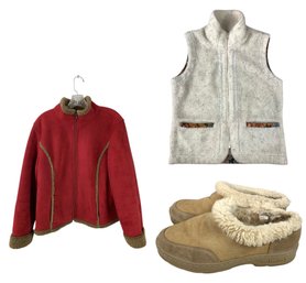 Womens LL Bean Faux Suede Jacket, LL Bean Ankle Boots & Orvis Vest - #S7-3