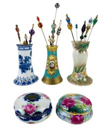 Antique Hand Painted Porcelain Hat Pin Holders With Pins & Lidded Jar / Haircatcher - #FS-7