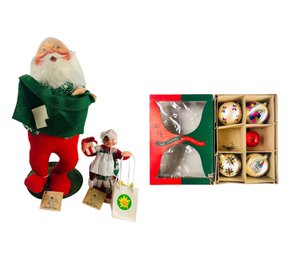 Vintage Czechoslovakian Glass Tree Ornaments, Annalee Dolls Santa & Mrs. Claus - #S2-1