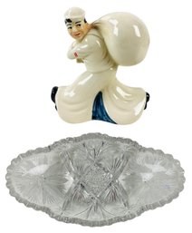 Vintage The Seamen's Bank For Savings WWII Navy Sailor Coin Bank & Cut Glass Dish - #FS-2