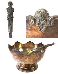 English Victorian Silver Plate On Copper Punch Bowl & Ladle With Figural Handle - #S7-1