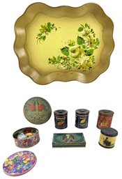 Nashco Hand Painted Toleware Tray, Tobacco Tins, Canadian Tin, Button Collection & More - #S11-3