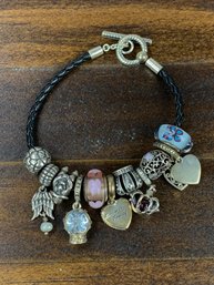 Pandora Sterling Silver Braided Leather Charm Bracelet - #JC-B