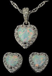Sterling Silver Opal Heart Necklace & Earring Set - #JC-B